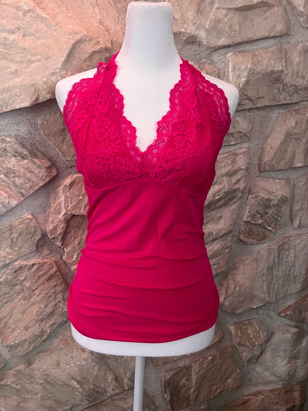 Lace Halter Tank Top in Bright Fuchsia NWOT L